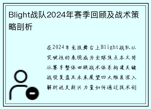Blight战队2024年赛季回顾及战术策略剖析